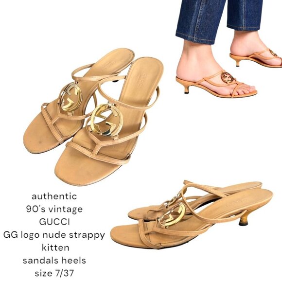 authentic 90's vintage GUCCI NUDE GG LOGO STRAPPY KITTEN HEEL SANDALS SZ.‎ 7/37 - Picture 1 of 7